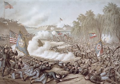 La bataille de Corinth, 3-4 octobre 1862, montrant les drapeaux du Nord et du Sud, par Kurz & Allison - American School