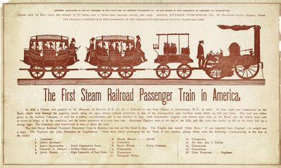 Le premier train de passagers à vapeur en Amérique, publié vers 1870 - American School