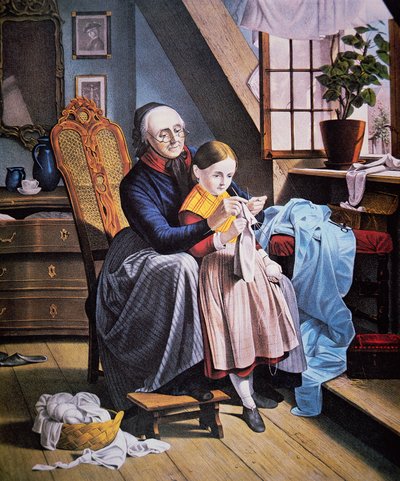 La leçon de tricot, publié par Currier & Ives - American School