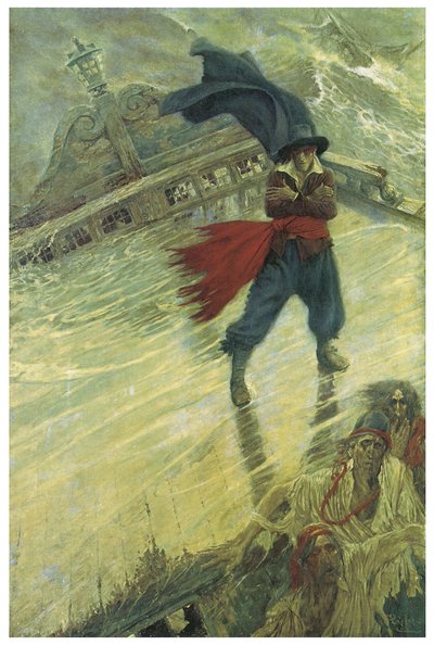 La légende du vaisseau fantôme ou du Hollandais volant : un commandant néerlandais voulant tenter le sort aurait été condamné à errer sur son navire pour toujours, apportant malheur aux navires croisant sa route Illustration de Howard Pyle (1853-1911) de C - American School