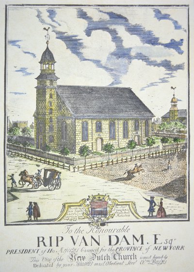 La nouvelle église réformée hollandaise, construite au coin des rues Nassau et Liberty, New York, en 1731 (gravure en couleur) - American School