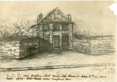 La vieille prison des débiteurs, côté de Prune St. en dessous de la 6e, illustration du Castner Scrapbook, 1858 - American School