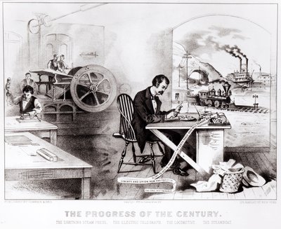 Le Progrès du siècle : la presse à vapeur éclair, le télégraphe électrique, la locomotive et le bateau à vapeur, pub. par Currier & Ives, 1876 - American School
