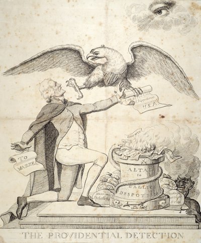 La détection providentielle, caricature représentant Thomas Jefferson (1743-1826) essayant de détruire la Constitution - American School