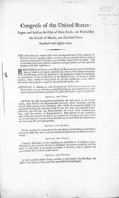 La Déclaration des droits des États-Unis, complétée en 1789 - American School