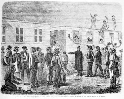 La guerre sur le Mississippi : recrues noires embarquant dans le train pour Murfreesboro, de Frank Leslies Illustrated Newspaper, mai 1864 - American School