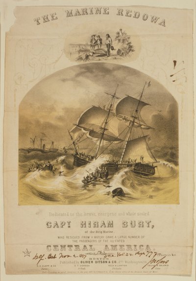Le brig Marine sauvant des passagers dans des canots de sauvetage du steamer SS Central America après avoir été pris dans un ouragan au large des Carolines en septembre 1857. Plus de 550 noyés et 30 000 livres (14 000 kg) d