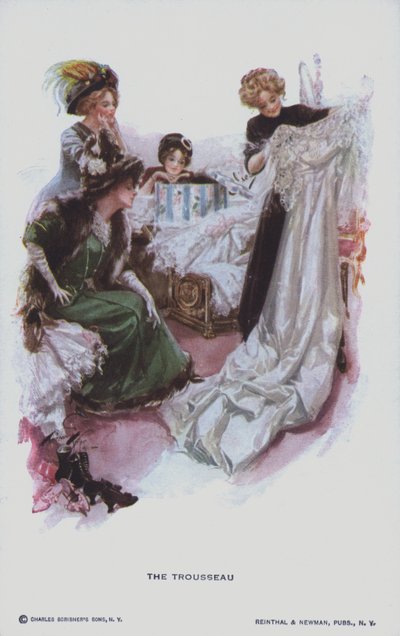 Le trousseau : une future mariée regarde une robe de mariée (lithographie couleur) - American School
