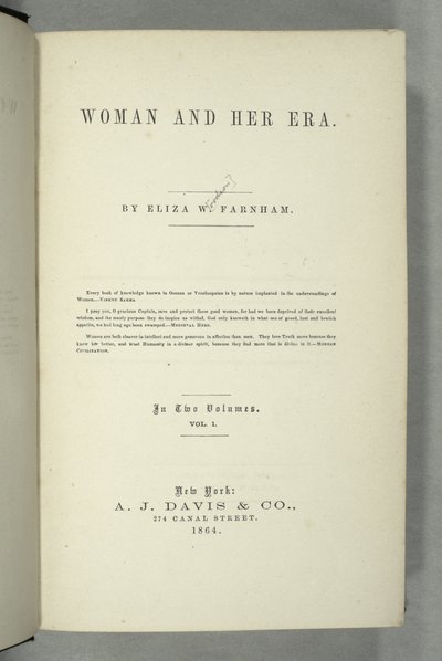 Page de titre de Women and Her Era par Eliza Wood Farnham (1815-64) publié à New York, 1864 - American School