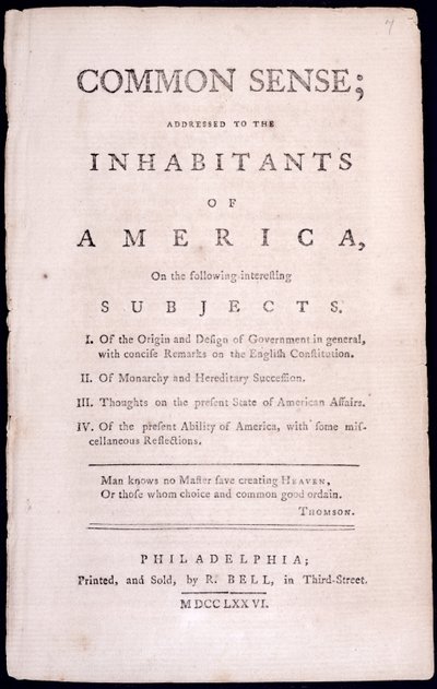 Page de titre de Common Sense par Thomas Paine 1776 - American School