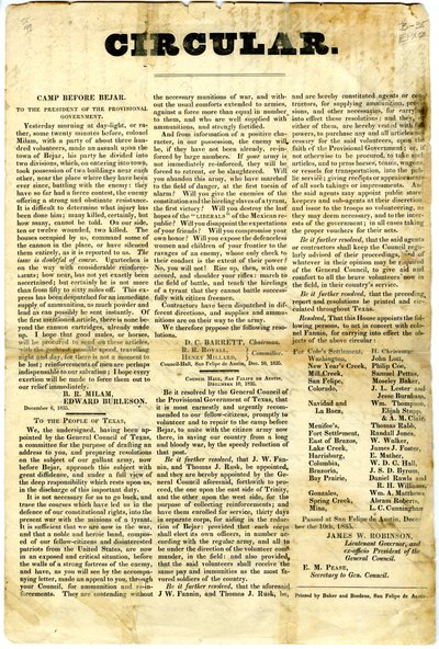 Au peuple du Texas concernant le siège de la garnison mexicaine à San Antonio de Bexar, 10 décembre 1835 - American School