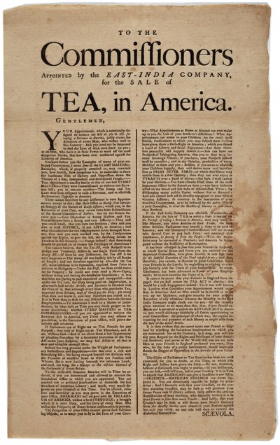 Aux commissaires nommés par la Compagnie des Indes orientales, pour la vente de thé en Amérique, signé Scaevola, 1773 - American School