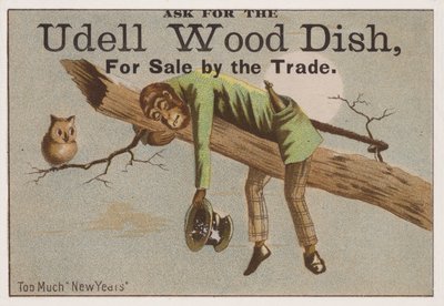 Trop de Nouvel An, carte publicitaire pour les plats en bois Udell - American School
