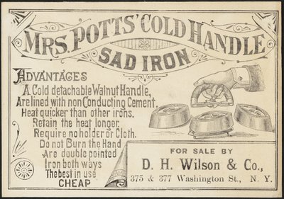 Carte de visite pour le fer à repasser à manche froid de Mme Potts, vers 1870-1900 - American School