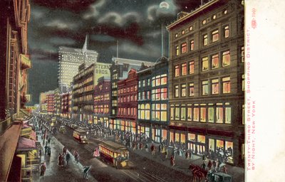 Twenty-Third Street shopping district, New York, by night (lithographie couleur) - American School