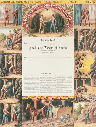 Certificat des United Mine Workers, 1890 - American School
