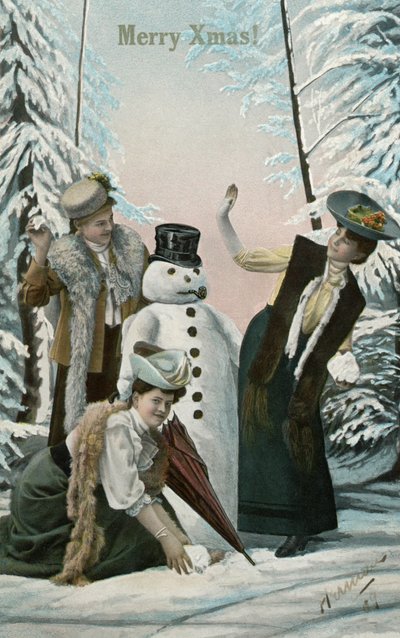 Femmes victoriennes jouant avec un bonhomme de neige - American School