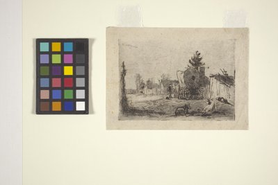 Rue de village avec bétail et chariot couvert - American School