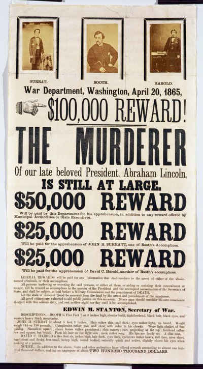 Affiche du Département de la Guerre de Washington annonçant une récompense de 100 000 $ pour retrouver l
