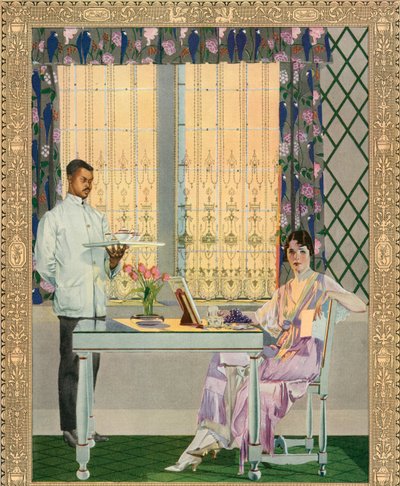 Femme riche servie au petit déjeuner dans un manoir - American School