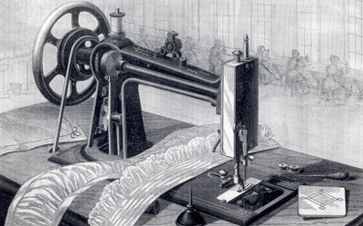 Machine à coudre Wilson, montrant la transmission par courroie depuis la pédale et la burette, de Park Benjamin Appletons Cyclopedia of Applied Machines, publié en 1880 - American School