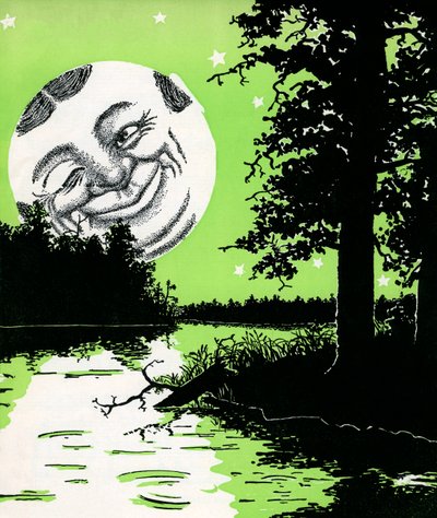 Lune souriante se levant sur un paysage fluvial - American School