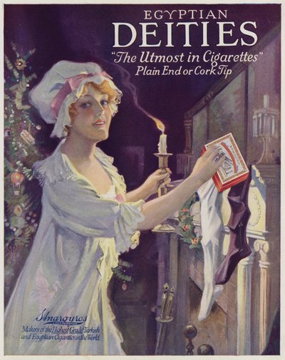 Femme mettant des cigarettes dans un bas de Noël, publicité pour les cigarettes des divinités égyptiennes (litho couleur) - American School