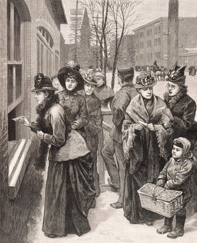 Femmes votant à Cheyenne, Wyoming, États-Unis (lithographie) - American School