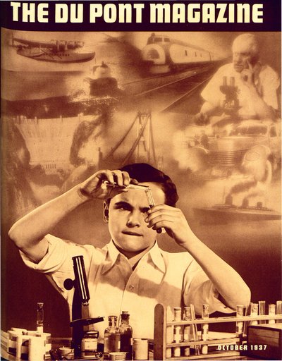 Jeune garçon avec un ensemble de chimie, couverture du DuPont Magazine, octobre 1937 - American School
