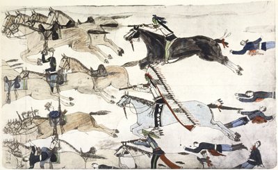 Bataille de Little Big Horn, 25-26 juin 1876. Retraite des 7e bataillons de cavalerie américains sous les ordres du major Marcus Reno. Peinture d