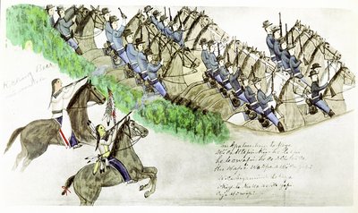 Début de la bataille de la rivière Little Big Horn, Montana, 25 juin 1876. Indiens des plaines et cavalerie américaine. D