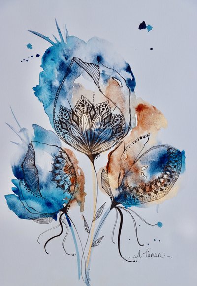 Mandala floral (bleu, or, terre de Sienne brûlée) - Amy Tieman