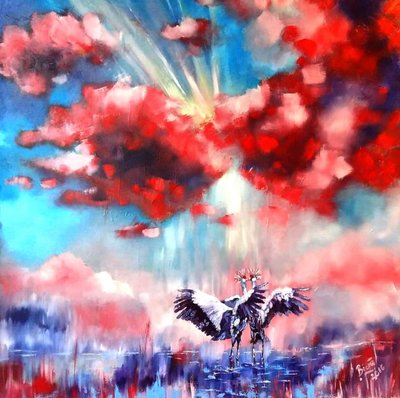 Deux grues, nuages rouges - Anda Bieza