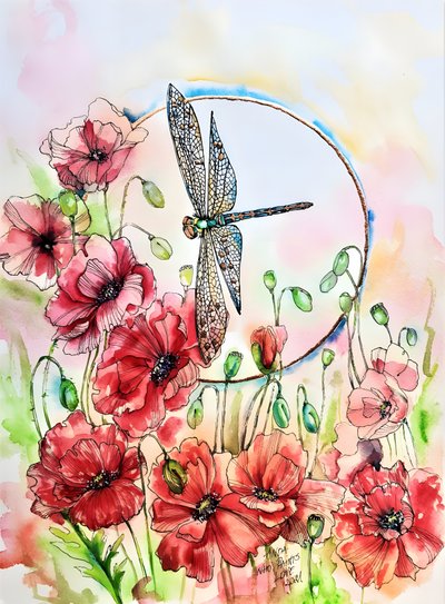 Coquelicots éclatants et libellule - Anda Bieza