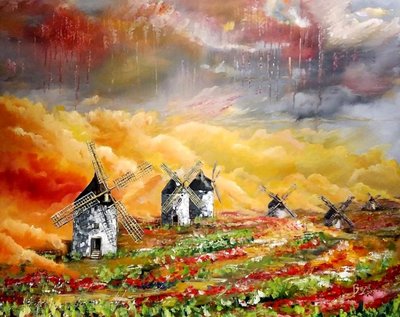 Des moulins à vent au-dessus de champs enflammés - Anda Bieza