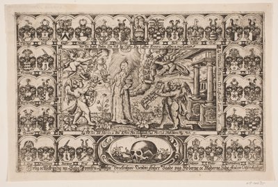 Sophie Brockenhuus et quatre génies, entourés de blasons. De l