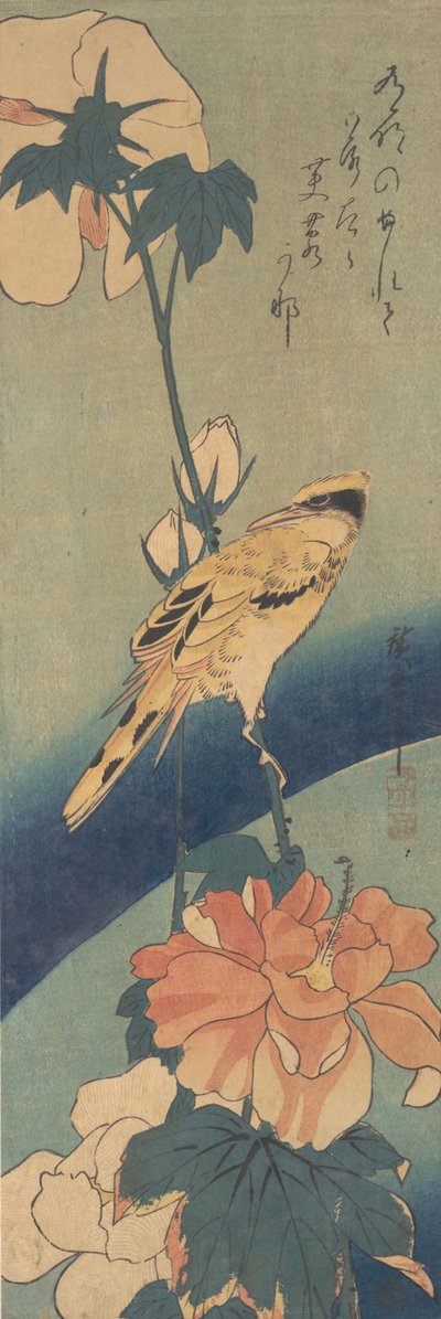 Loriot à nuque noire perché sur une tige de rose mauve, ca. 1834 - Ando Hiroshige