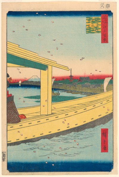 Vue lointaine du temple Kinryuzan depuis le pont Azuma (Azuma-bashi, Kinryuzan embo) n°39 de la série Cent vues célèbres d