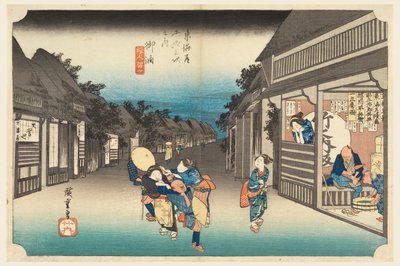 Goyu, Femmes retenant des voyageurs, dans Les Cinquante-Trois Stations de la route du Tokaido (Tokaido Gojusan Tsugi-no Uchi) - Ando Hiroshige