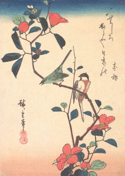 Mésange et Zostérops du Japon sur une branche de camélia, vers 1840 - Ando Hiroshige