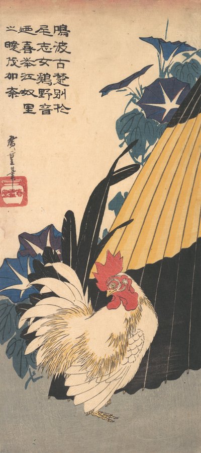 Coq, parapluie et gloires du matin, ca. 1830 - Ando Hiroshige