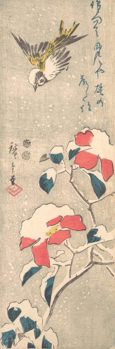 Moineau et camélia couvert de neige Tsubaki - Ando Hiroshige
