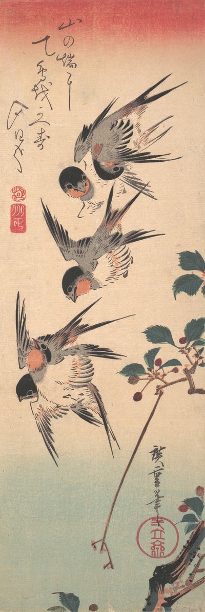 Hirondelles et cerisier sauvage en bourgeons, ca. 1835 - Ando Hiroshige