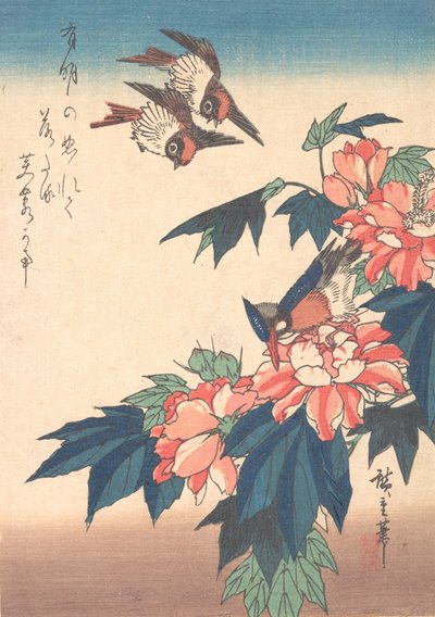 Hirondelles et Martin-pêcheur avec Roses Trémières - Ando Hiroshige