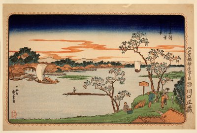 Cerisiers en feuille au bord de la rivière Sumida, de la série Sites célèbres de la capitale orientale, c.1831 - Ando or Utagawa Hiroshige