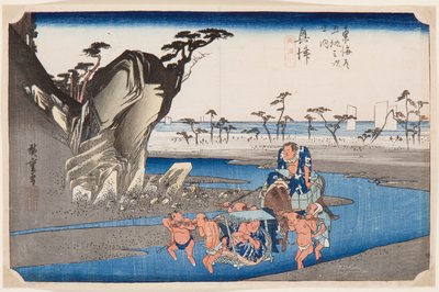 Deux lutteurs de sumo traversant la rivière Okitsu - Ando or Utagawa Hiroshige