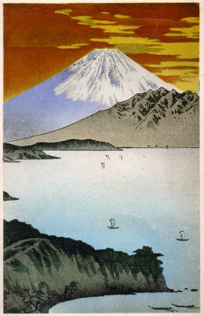 Géographie. Japon. Lever de soleil sur le mont Fuji. Gravure sur bois par Hiroshige dans : Cinquante-trois stations du Tokaido (1833-1834). Carte postale, Japon, vers 1900 - Ando or Utagawa Hiroshige