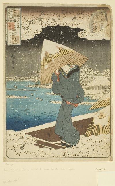 Parodie du chapitre Ukifune : Ferry sur la rivière Sumida (estampe sur bois en couleur) - Ando or Utagawa Hiroshige