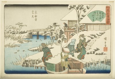 Observation de la neige au temple Mokubo-ji : Le restaurant Uekiya - Ando or Utagawa Hiroshige
