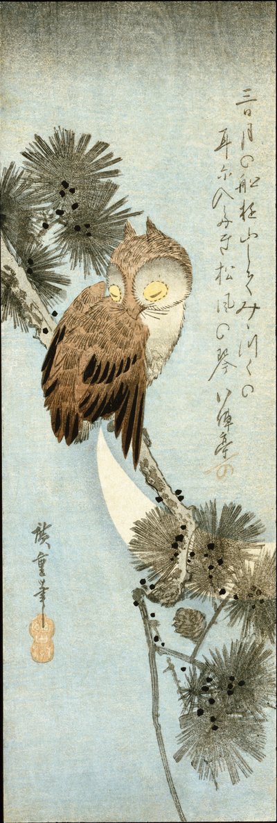 La lune croissante et le hibou perché sur des branches de pin - Ando or Utagawa Hiroshige